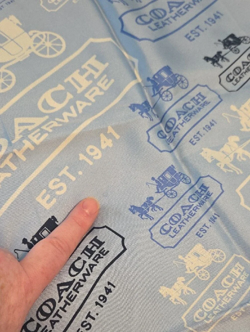 COACH Light Blue and Navy Logo Carriage Silk Scarf NWT